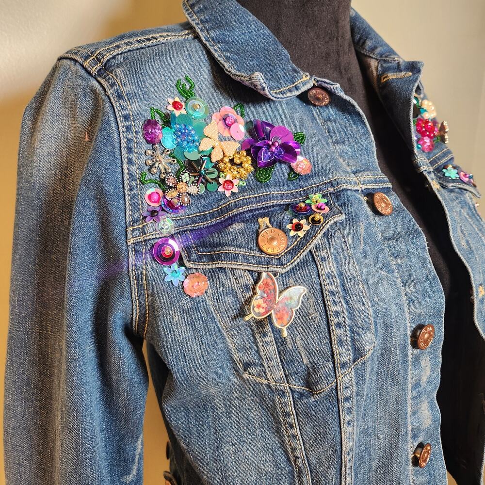 CUSTOM Butterfly in Bloom Sequin Denim Jacket, Size Small - Picture 5 of 13